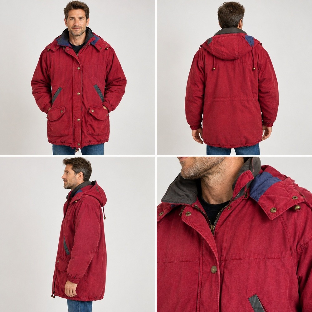Campton Place Mens Red Down Filled Parka Jacket Removable Hood Small Fits Medium